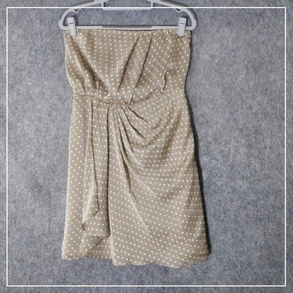 Express Dress 10 Champagne Strapless Swiss Dot Chiffon Ruched Cocktail Romantic